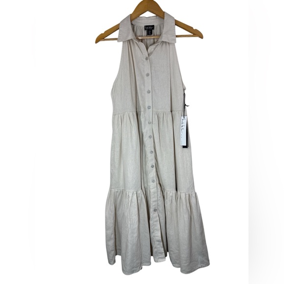 Nicole Miller Tiered Midi Dress Linen Sleeveless Button-Front Lagenlook Sz S - Picture 2 of 10